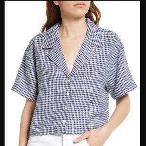 Reformation Lennie Gingham Crop Linen Button-Up Shirt (M)